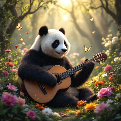 The primary subject of the image is a panda bear sitting on the ground and holding a guitar. The setting is a flower-filled field, with a variety of flowers surrounding the panda. The visual style is a digital art illustration, creating a whimsical and playful atmosphere. The colors are predominantly pastel shades, giving the scene a soft and cheerful mood.